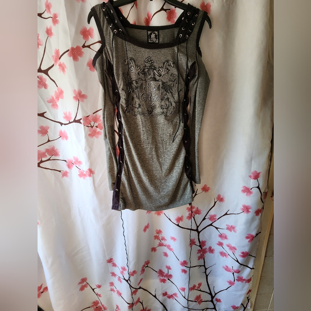 So Nice Rhinestone Gray Suede Lace Up Long Sleeve Off Shoulder Dress Tunic Small